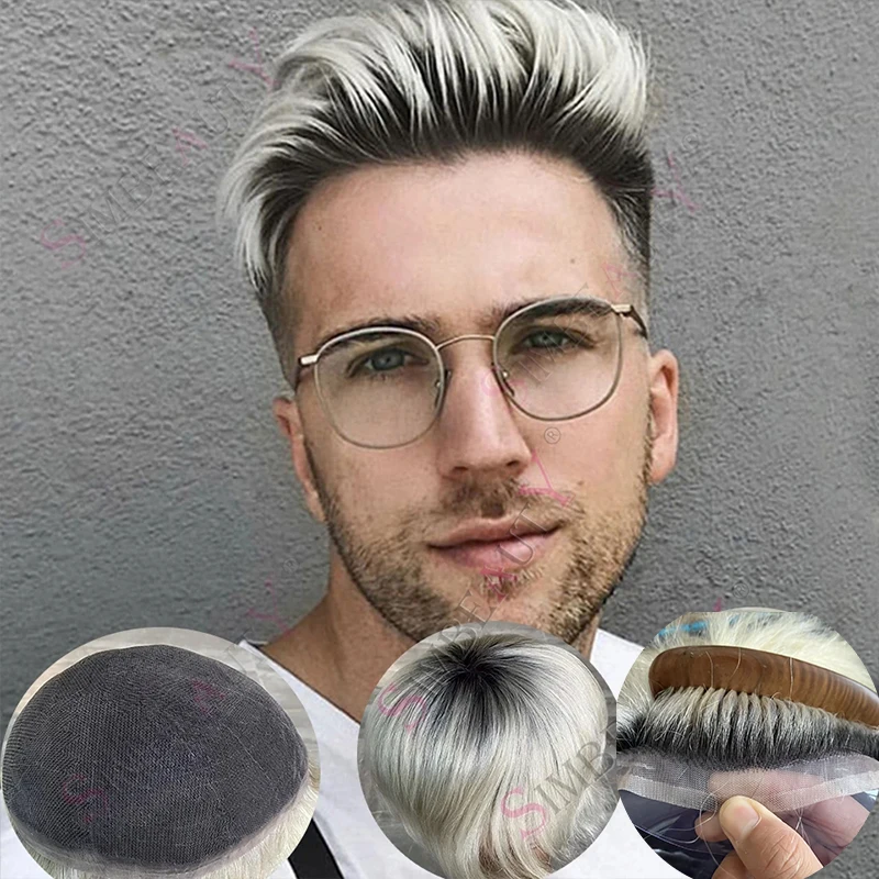 

Незаметный мужской парик из 100% натуральных европейских волос с полной швейцарской кружевной основой, омбре платиновый блонд, стойкий, с естественной линией роста волос