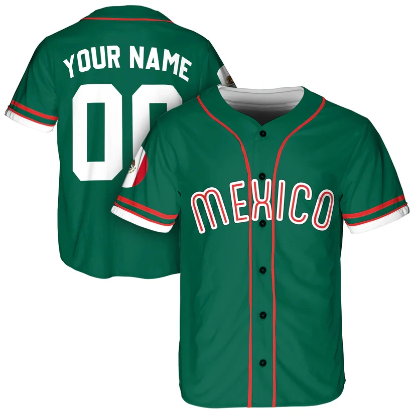 Mexico Custom Baseball Jersey Personalized Name Number Patriotic Mexican Flag Emblem Unisex Sport Tops Wholesale Dropshipping