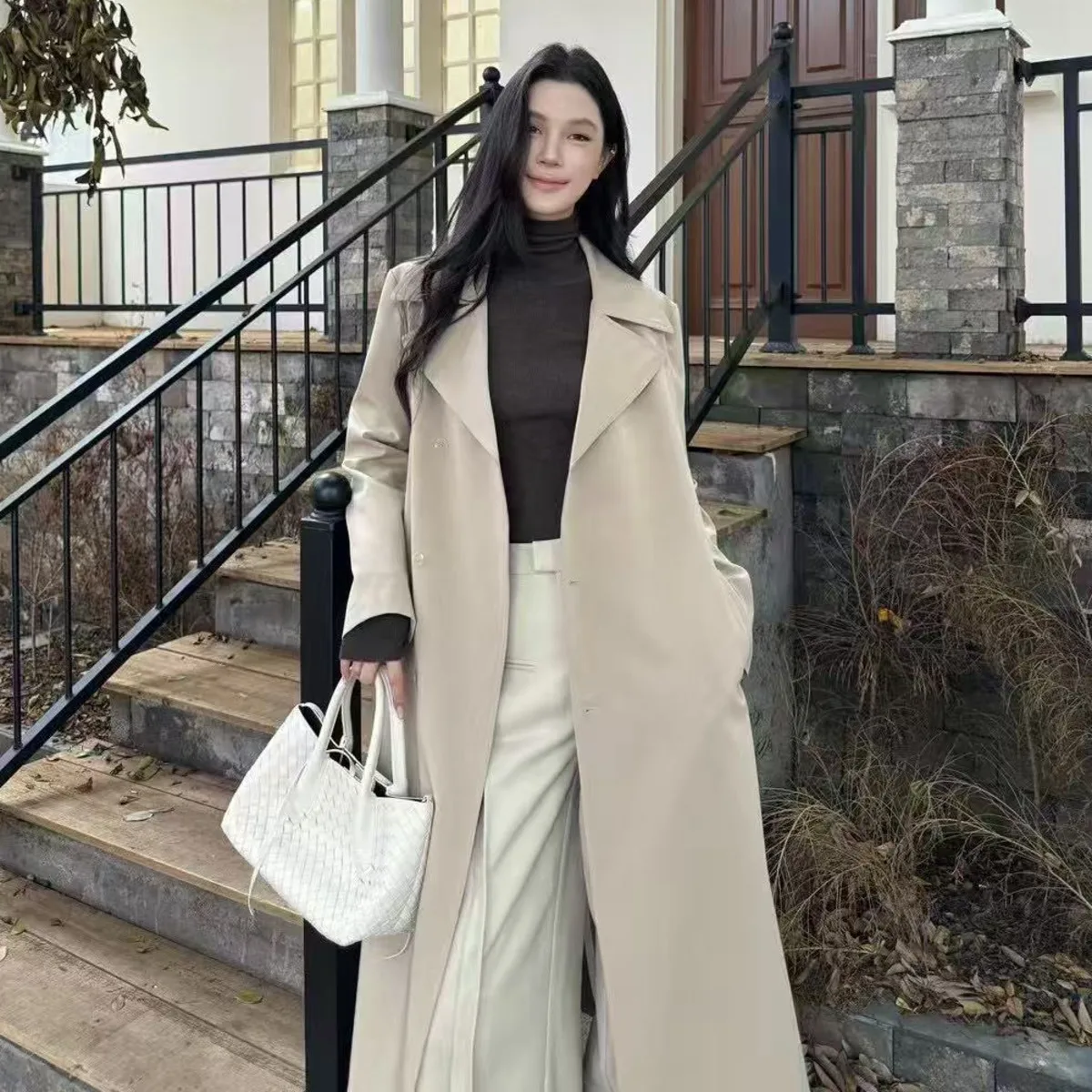 BJTZ Cappotto da donna di moda di media lunghezza 2025 Primavera Autunno Nuova giacca da donna da ufficio con temperamento in tinta unita con lacci e vita dentellata