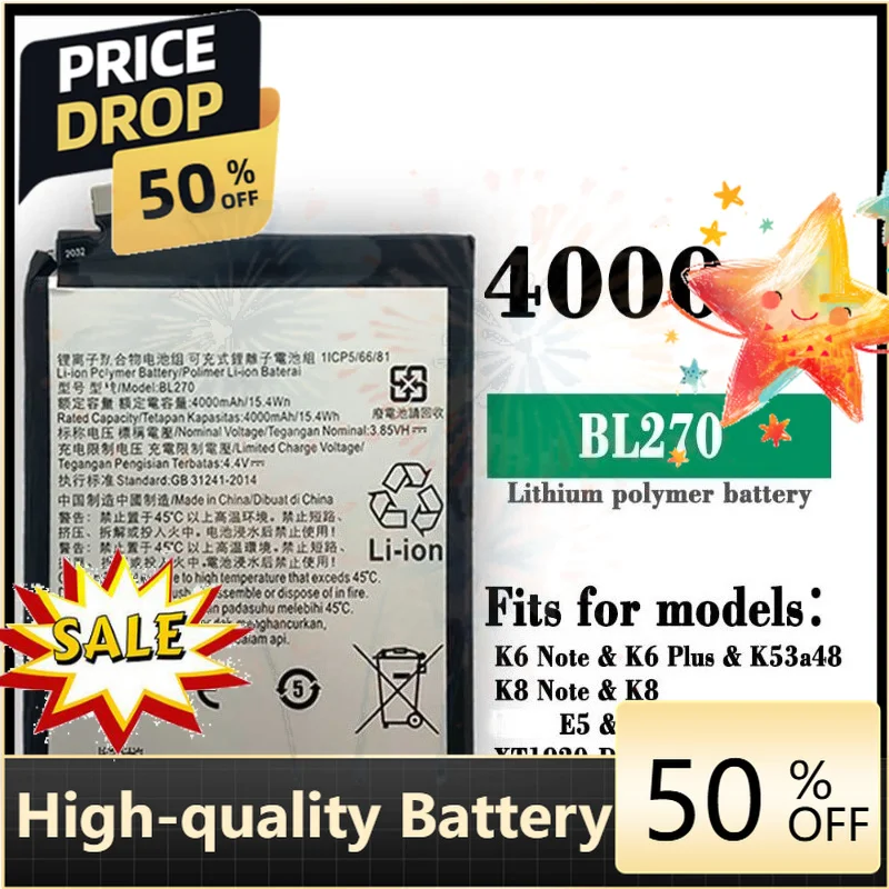 SWZY New BL270 3.85V 4000mAh Mobile Phone Battery for moto E5/G6play/K6 Plus/K8/K6 note Batteries + Free Tools