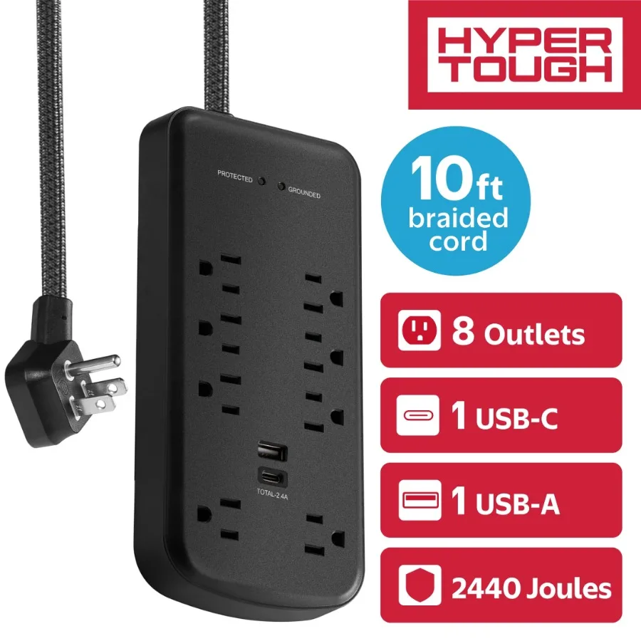 

Удлинитель-сетевой фильтр с USB-A и USB-C портами для зарядки, 8 розеток, для дома, офиса и игровых комнат, 3 метра, усиленный, для тяжелых условий эксплуатации