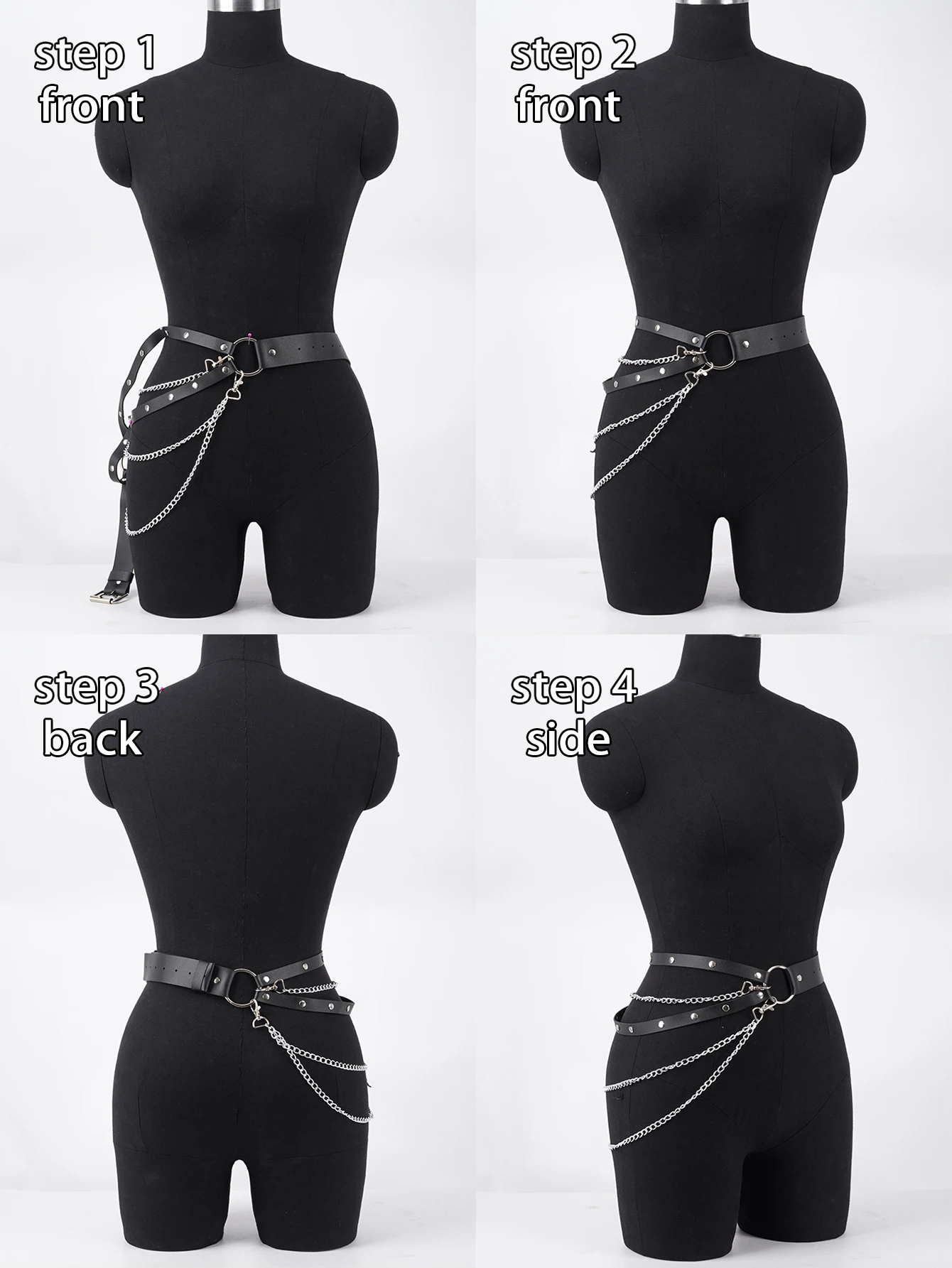 حزام سلسلة من جلد البولي يوريثان الأسود للنساء من Edgy - حزام للجسم بسلسلة فضية، حزام خصر فاسق على الطراز القوطي أو Emo أو Rock Style