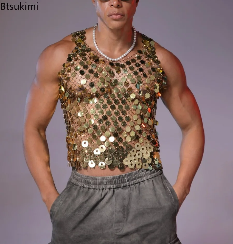 2026 New Sexy Sequin Rhinestone Tank Tops Summer European and American Fashion Men Stage Performance Shiny Mesh Hollow Out Vests