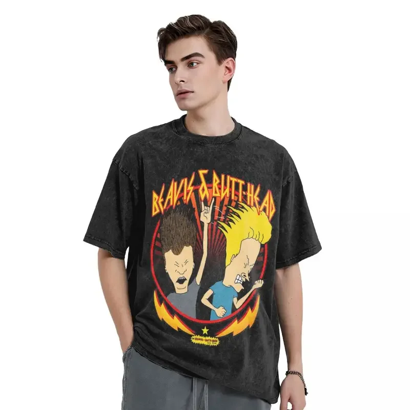 Washed T Shirts Beavis And Butt-Head Metal Rock Out Hip Hop T-Shirt High Street Streetwear Cotton Printed Tops Tees Men Women