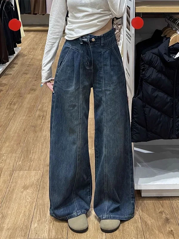 

Retro High Waist Wide Leg Denim Jeans Women's Loose Fit Straight Casual Long Pants Autumn Winter New Sle Drapey Floor-Length