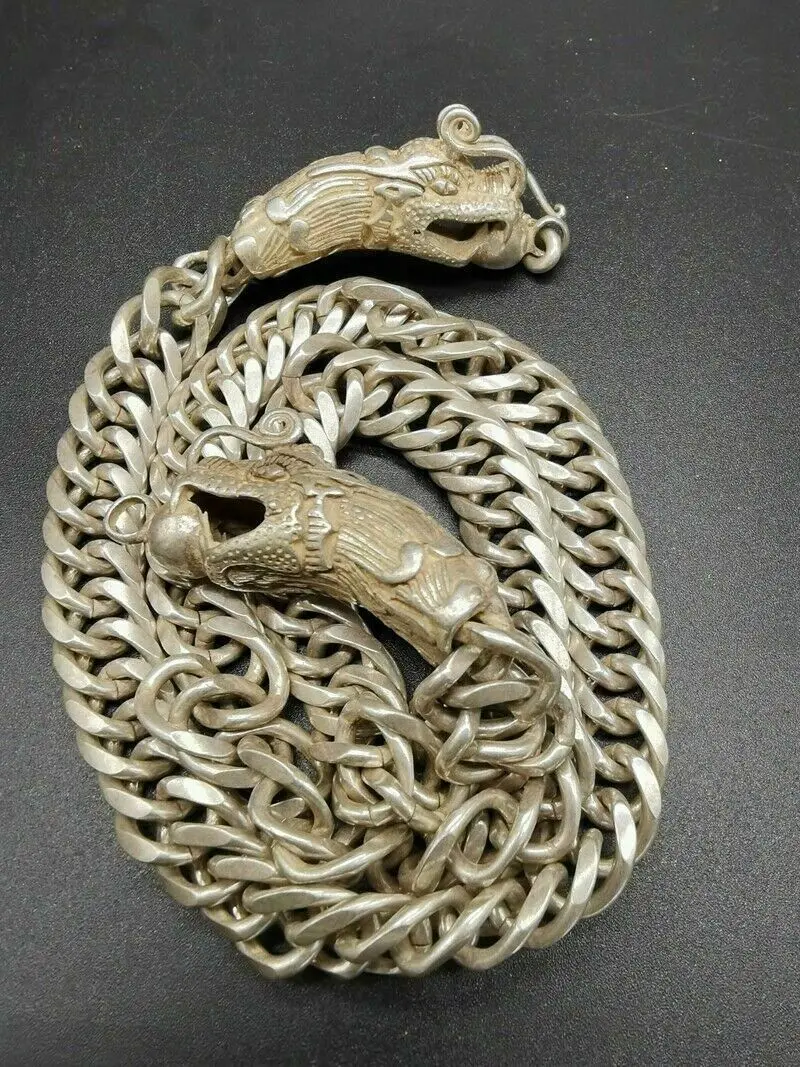 62cm Old Chinese tibet silver handcarving double dragon head Necklace