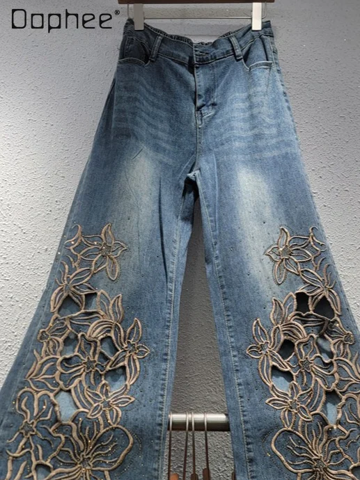

High Street Retro Flower Embroidered Jeans Women Summer New Korean Ins Fashion Loose Wide-leg Pants Ripped Old Slim Trousers