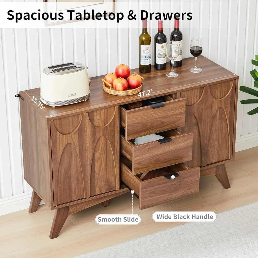 Gabinete buffet con almacenamiento, gabinete de almacenamiento 47,2 con 3 cajones, aparador grande con 2 puertas, cabina de cafetería moderna de mediados de siglo