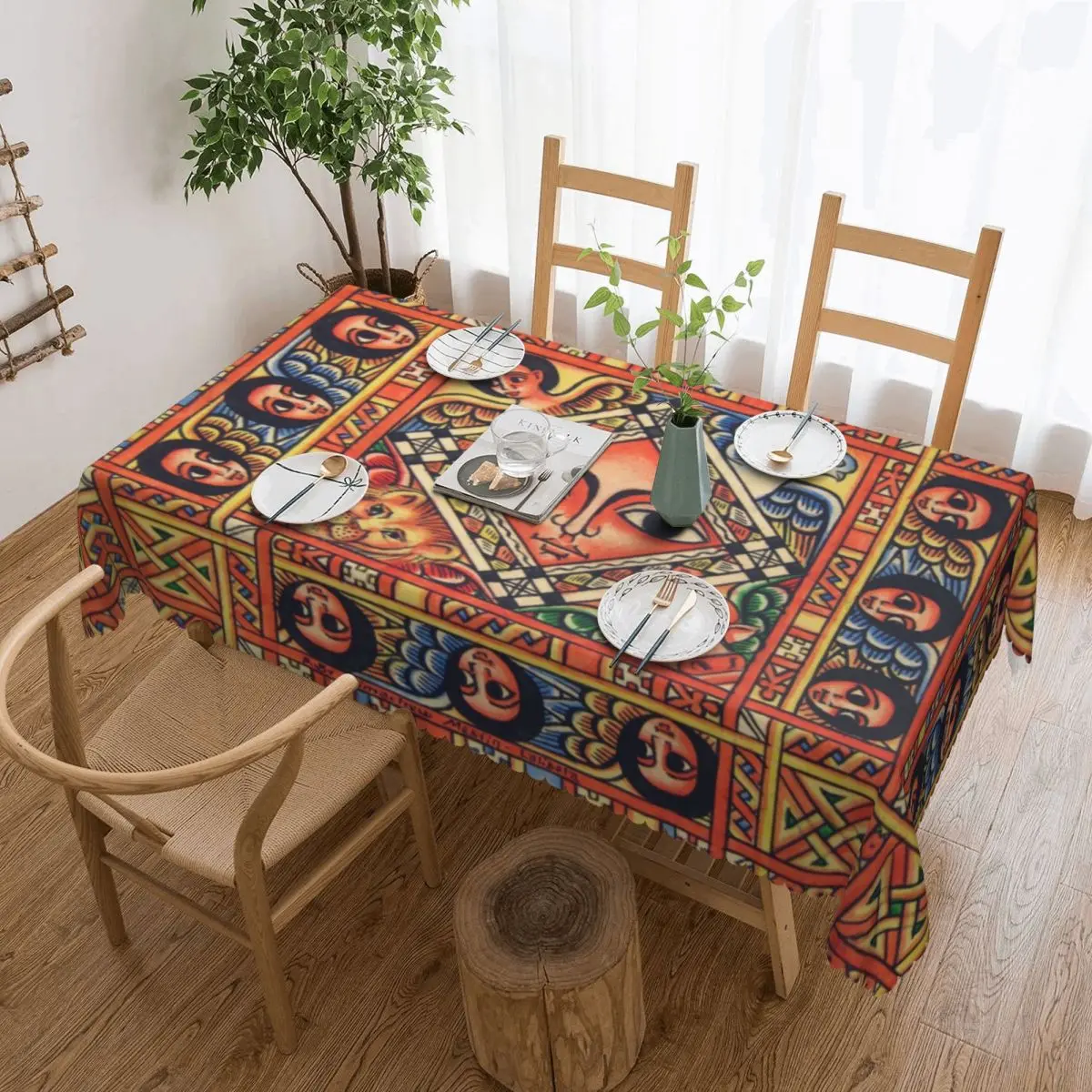 Round Waterproof Ethiopian Ancient Art Table Cover Tablecloth for Dining 60 inches Table Cloth