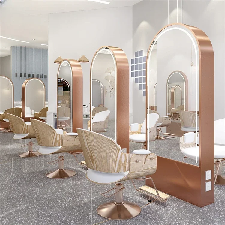 Keeson Luxury High Quality Hair Salon Furniture Set Haircut Styling Makeup Floor Golden Mirror Station For Sale Barber Shop