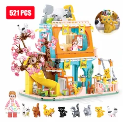 Sluban – ensemble d'hôtel ville des amis chat, maison en forme de A pour fille, Villa jardin arbre Sakura, blocs de construction, jouet Animal, cadeau pour enfant