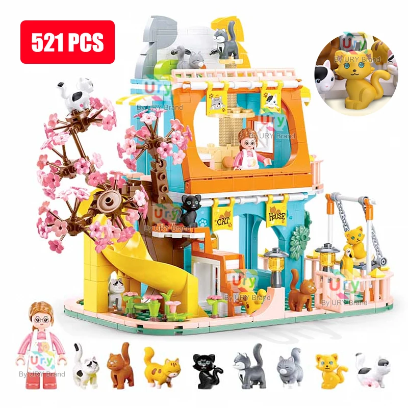 Sluban Friends City Cat Hotel Sets Girl A-Frame Pet House Apartment Garden Villa Sakura Tree Building Blocks Animal Toy Kid Gift