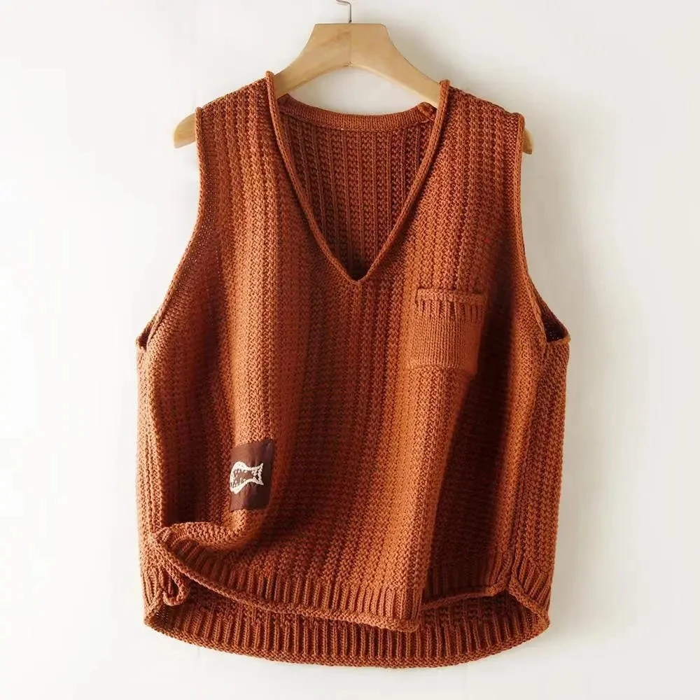 

Spring And Autumn Thin Retro Art Knitted Patch Vest Female Korean Version Of Loose Age-Reducing Hollow V-neck With Vest Outside