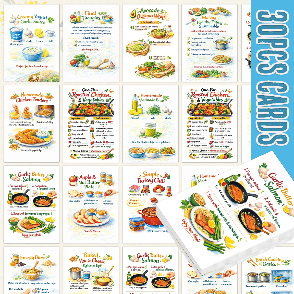 Meal Prep Recipes Healthy - 30pcs Wholesome Meals Recipe Cards,Simple Healthy