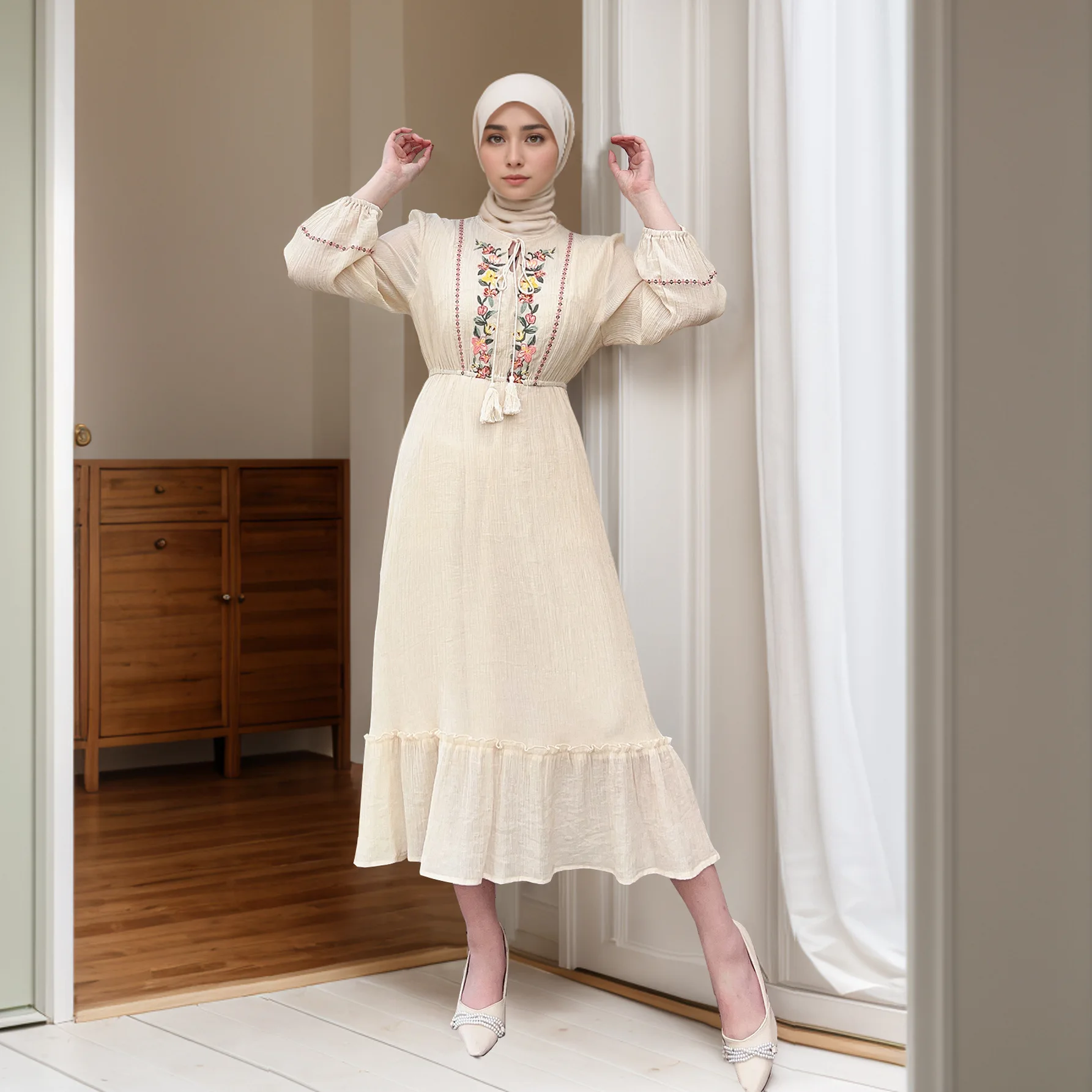 Women Spring Autumn Floral Embroidery Dress Ethnic Style Ukraine Lantern Long Sleeve Ruffles Round Neck A-line Islamic Jalabiya