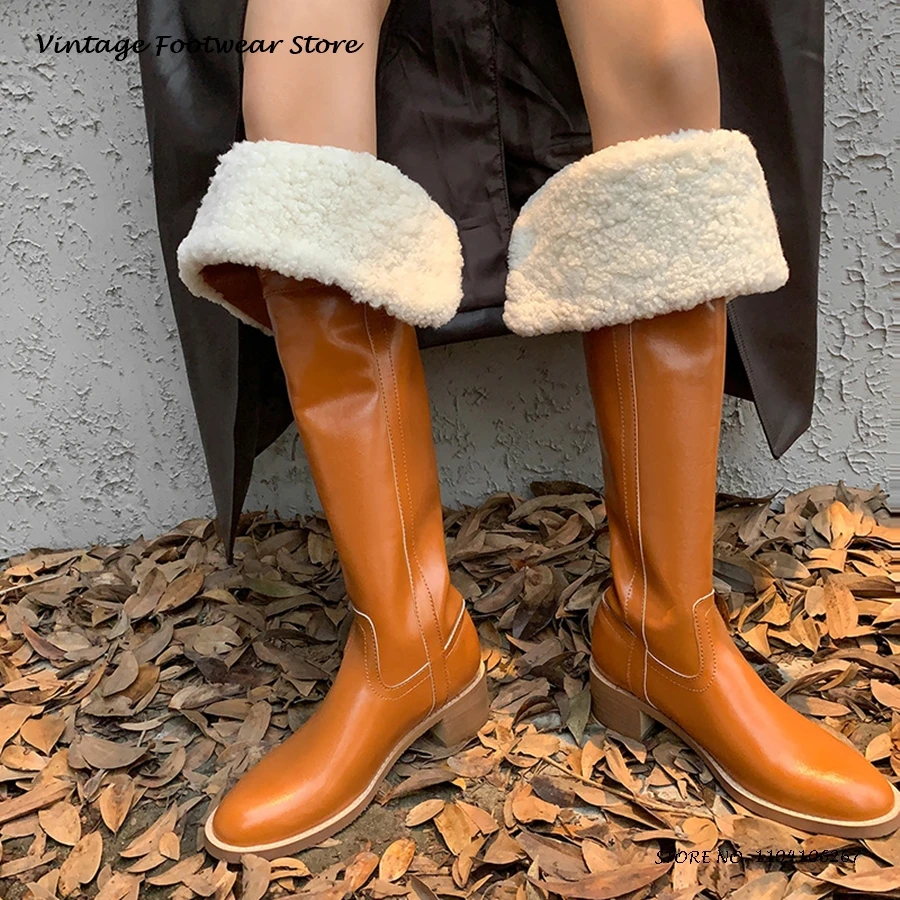 

Зимние плюшевые теплые зимние ботинки, модная повседневная обувь с круглым носком и низким блочным каблуком, женские сапоги выше колена с боковой молнией в уличном стиле