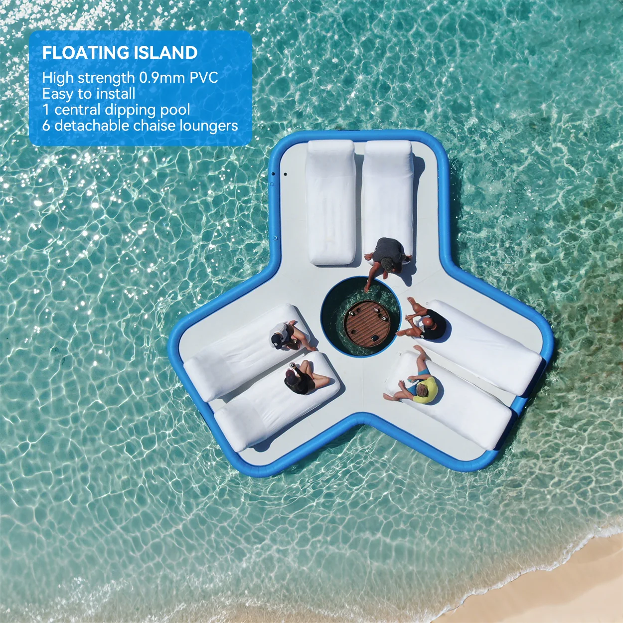 جزيرة عائمة قابلة للنفخ PVC مقاس 0.9 مم باللونين الأبيض والأزرق مع كراسي استلقاء