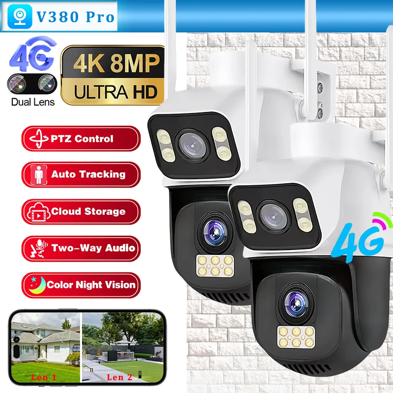 2PACK 4G Camera Dual Lens Dual Screen Wireless 4G Sim Card Outdoor Surveillance Human Detect Security Protection PTZ IP Cameras