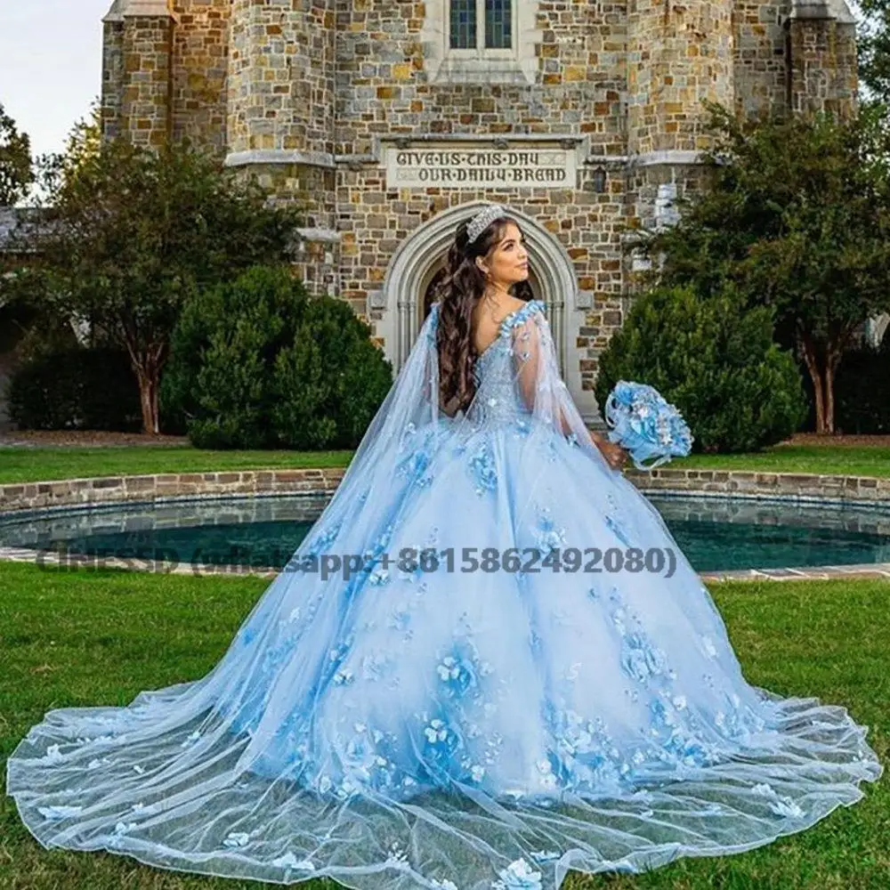 Vestido De baile De quinceañera con flores hechas a mano, azul cielo, espalda abierta, chal, apliques De encaje, hombros descubiertos, 15 años