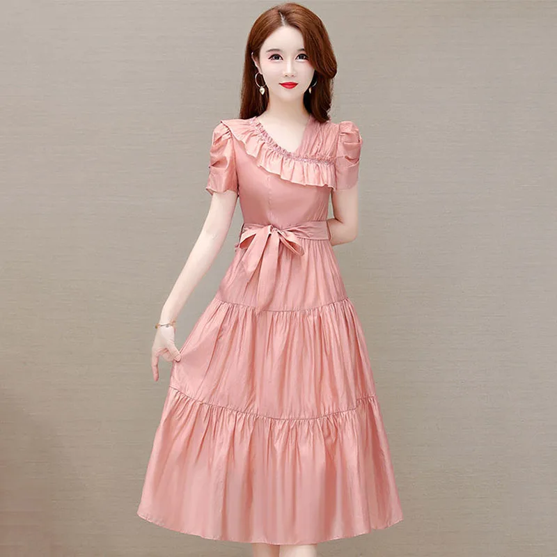 Ruffled Women's Solid Color Dress Summer 2023 New Fashionable and Foreign Style Slim Slim Slim Medium Length Dress