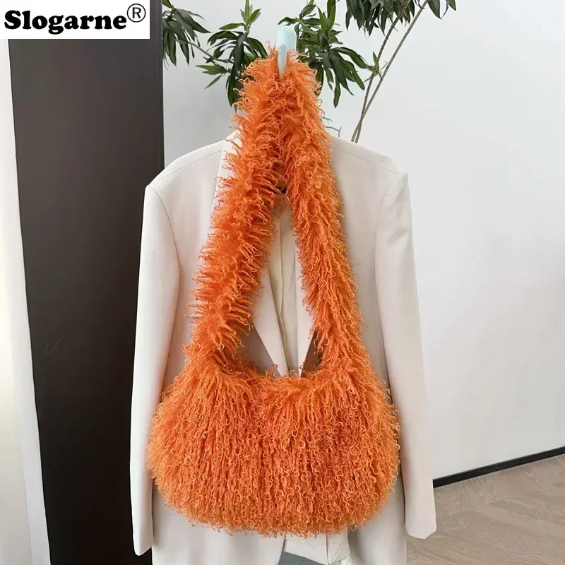 Women Y2K Fashion Long Fur Wool Bags Beach Faux Wool Fur Shoulder Bag Ladies Faux Furs Handbag Luxury Mongolian Crossbody Bags