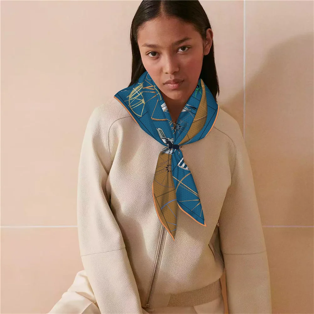 

POBING Curled Twill Silk Scarf Women Carriage Atlas Double Side Printed Square Scarves Wraps Echarpes Foulards Femme Hijabs 70CM