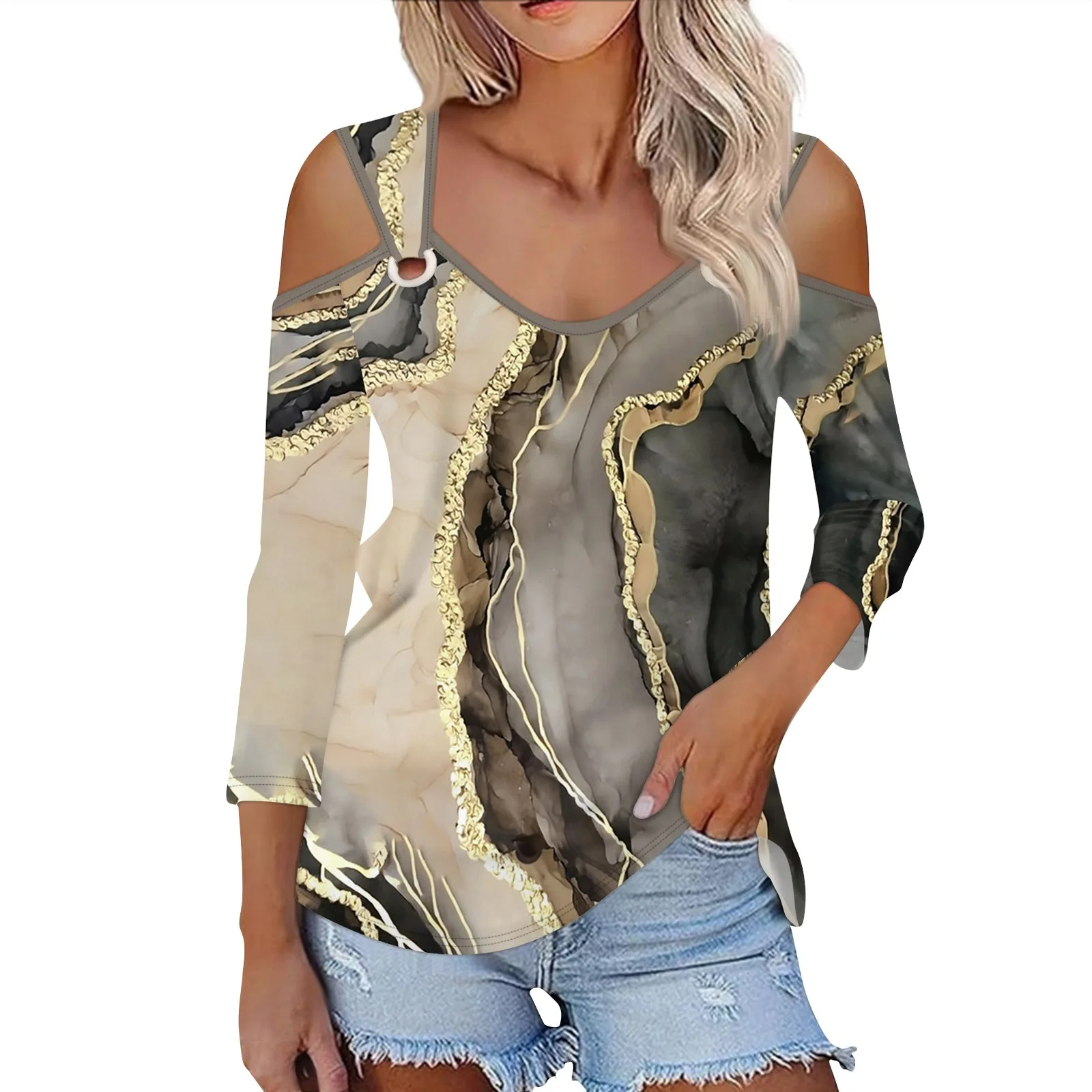 Autumn 3/4 Sleeve Print T-shirt Casual Sexy Hollow Out Tshirt Women Tops Fashion Floor Texture T Shirt For Women Tank Top Femme