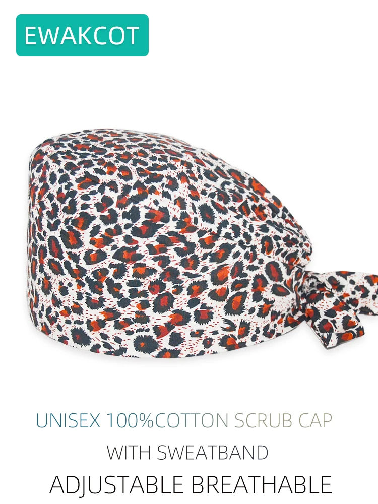 레오파드 프린트 스크럽 캡 여성용, 100% 코튼, 유니섹스 스파, 미용실 작업 모자, 병원 의료, 임상용 수술 캡