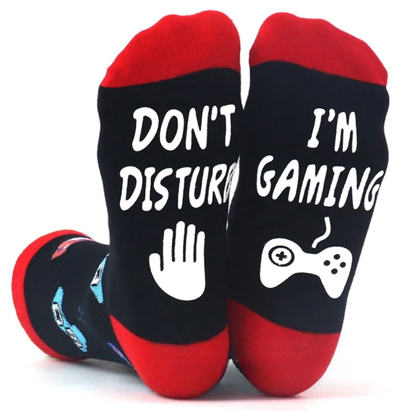 Game Themed Letter Print Cotton Socks, Tall Tube Anti-slip Dot Glue Floor Socks, Fun Novelty Socks for Men Women