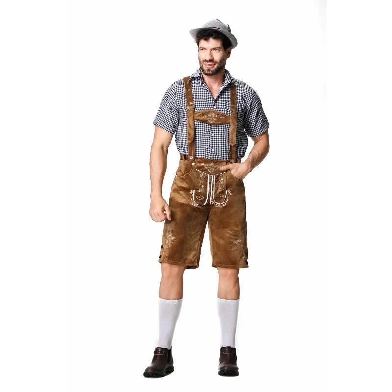 Men German Oktoberfest Lederhosen Costume Bavarian Beer Male Outfit Rompers Shirt Hat Set Cosplay Carnival Halloween Party Dress - view 3