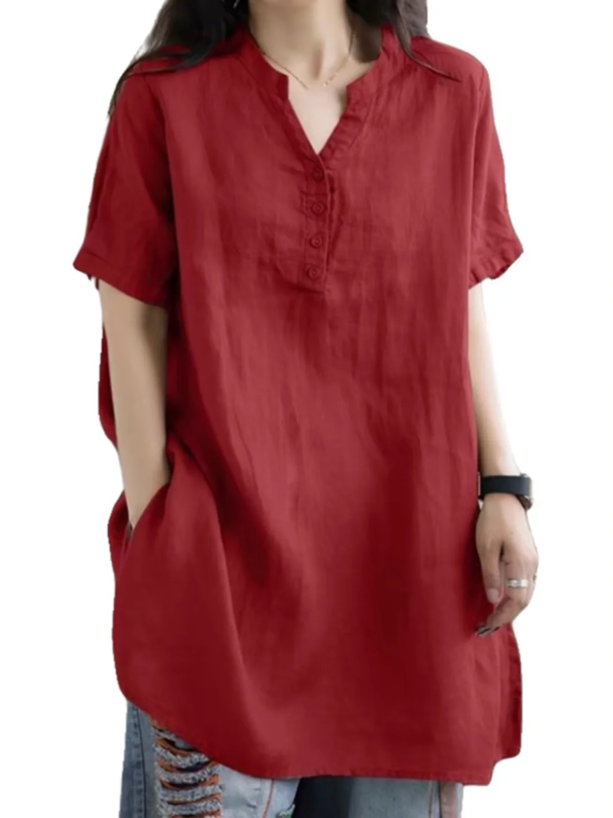 Plus Size Damen Baumwolle Leinen irt Sommer New Sle Casual Mid-Length Dr Loose Fit Pendeln Sle f Offener Kragen