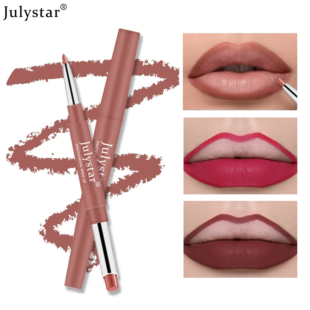 Julystar 12 Kleur 2-In-1 Lippenstift Lipliner Dubbel Hoofd Lippenstift Lipliner Vrouwen Cosmetica Lip Make-Up Roterende Lippenstift Pen