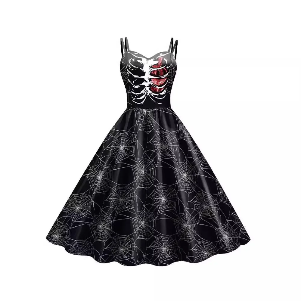 2024 Halloween Cosplay dark Black Rose Skull Dress Women Costume Sleeveless Vintage Party Dresses Skull Witch Scary Clothings