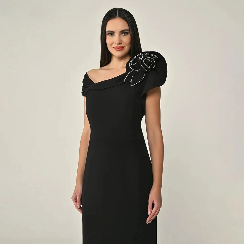 

Simple Prom Dress Flower Off Shoulder Column Tea Length Women's Prom Gowns Midi Sleeveless Elegant Formal Party Gown Customized