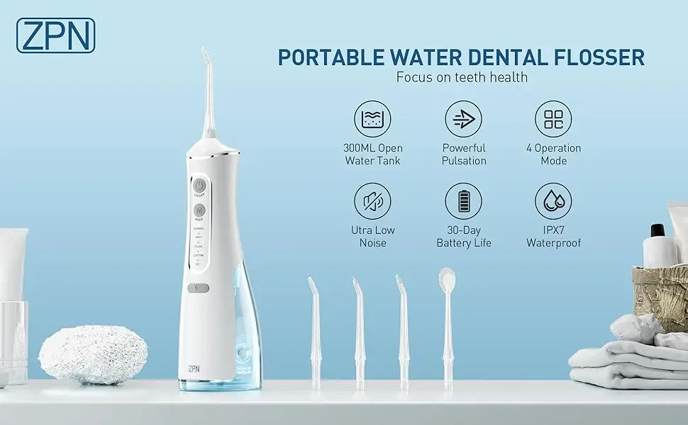 ZPN Water Flosser for Teeth Cleaning and Flossing with 5 Replaceable Jet Tips, IPX7 Waterproof Water Flosser Portable and Rechar