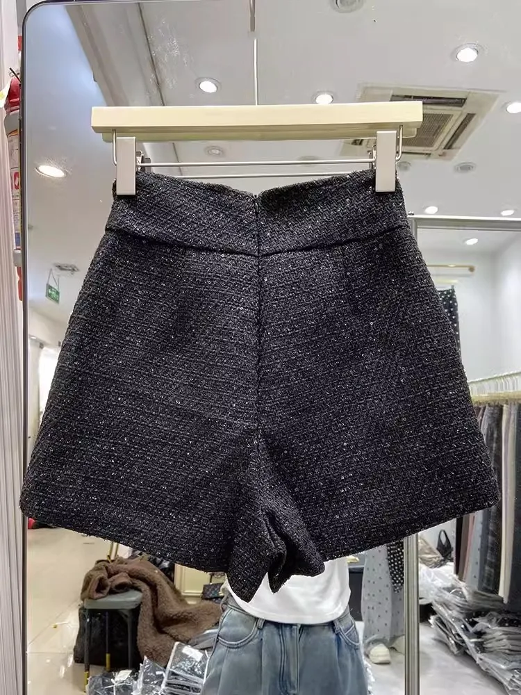 Fashion Diamonds Women High Waist Shorts New Spring Summer Office Ladies Slim Casual Elegant Black A-Line Tweed Wide Leg Shorts