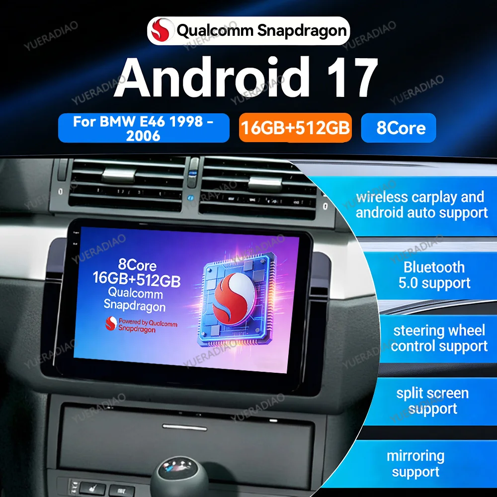 Автомагнитола Android 17 для BMW E46 M3 1998-2006 с беспроводным Carplay, мультимедийным видеоплеером, головным устройством, 4G WIFI, Carplay Auto и GPS.