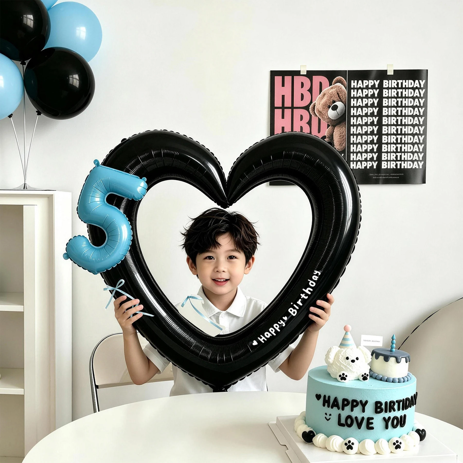 子供の誕生日パーティー用中空ハート型アルミ箔フォトフレームバルーン、デジタルボーイデコレーション小道具、写真撮影アクセサリー