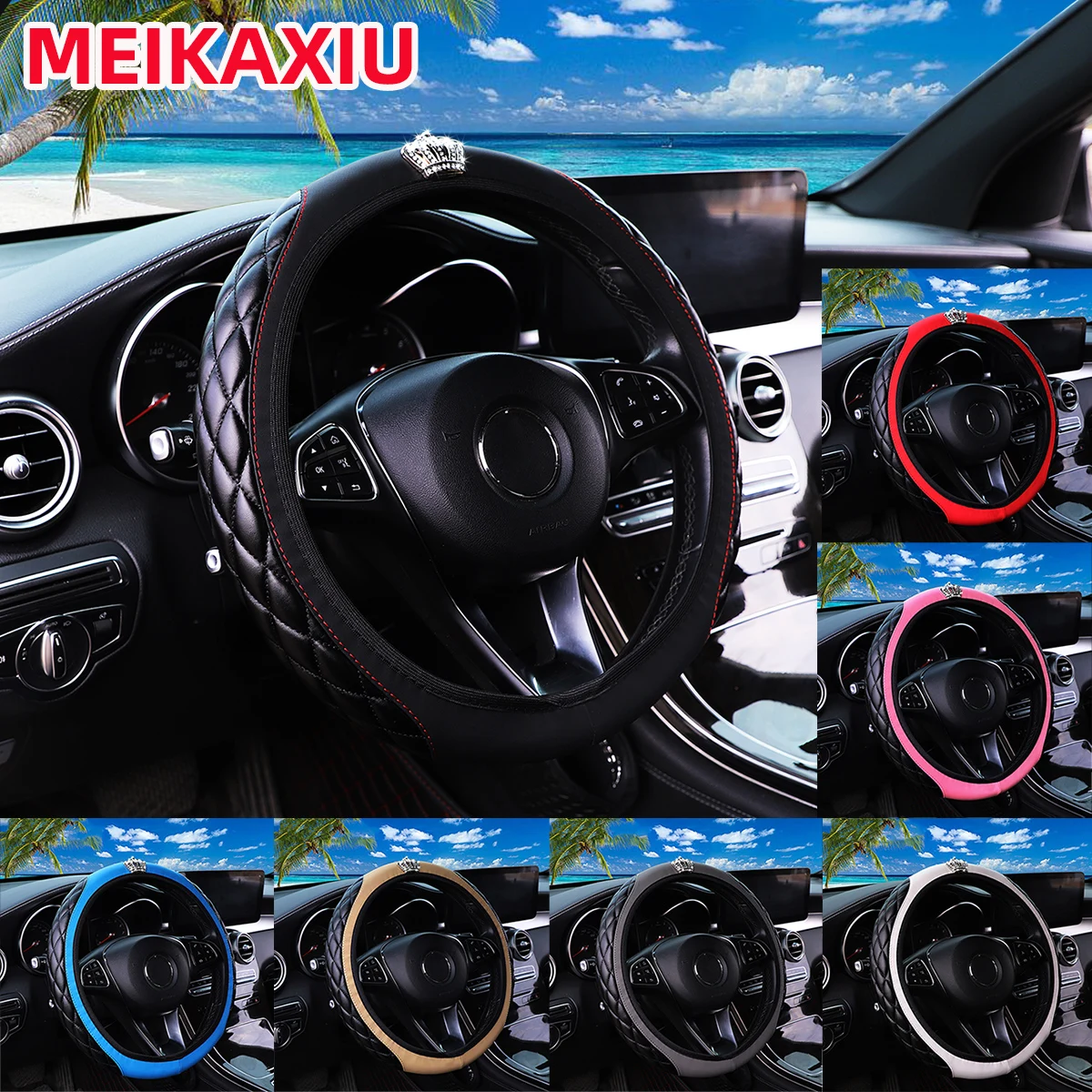 Soft Leather Steering Wheel Cover Embroidered Crown with Diamonds Blingbling Car Decoration Accessory No Inner Ring Included