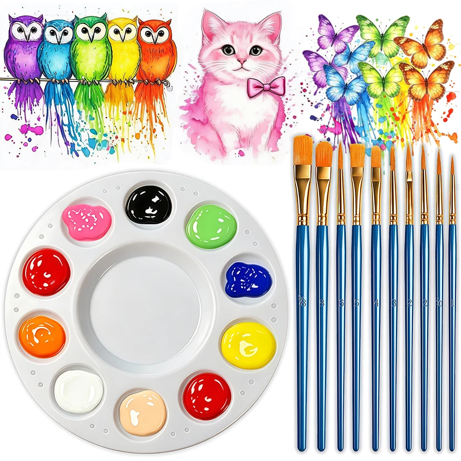 EYIR Paint Brush Set with 10 Detail Brushes and Mixing Palette for Face Body Painting Watercolor Acrylic Art DIY Creative Tool
