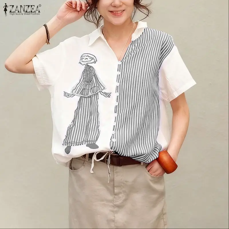 

ZANZEA Women Shirts Summer Short Sleeve Print Patchwork Blouse Fashion Striped Tops Vintage Casual Loose Female Blusas Oversized