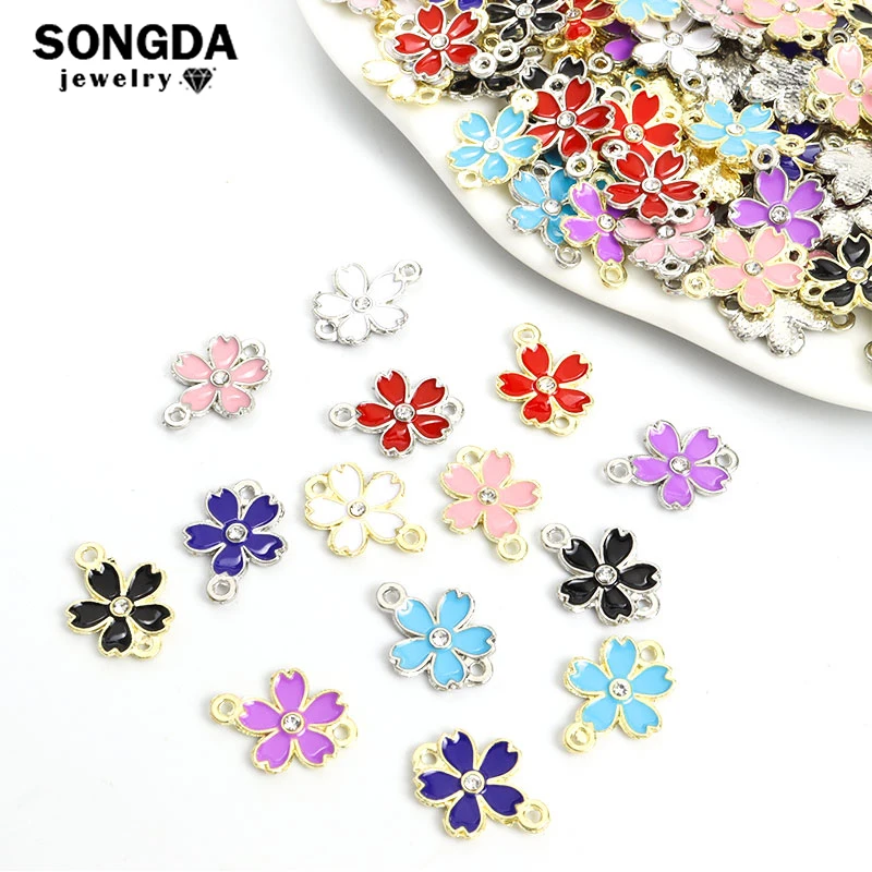 10pcs Colorful Sakura Flower Enamel Alloy Charm Connector 13.9*18.4mm DIY Girl Woman Jewelry Making Bracelet Accessory Wholesale