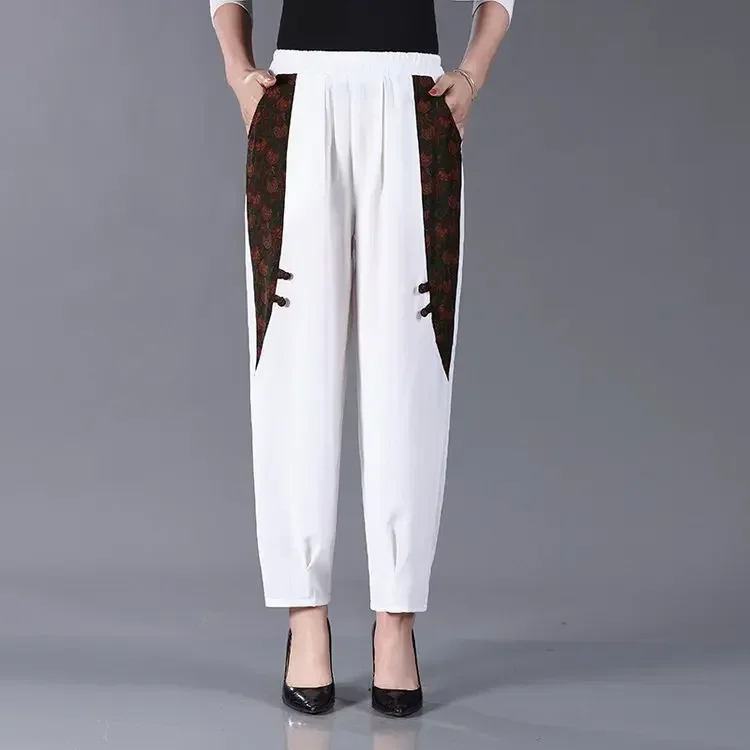 2023 New Spring and Summer Fashion Retro Literature National Style High Waist Splicing Print Pocket Casual Loose Bloomers