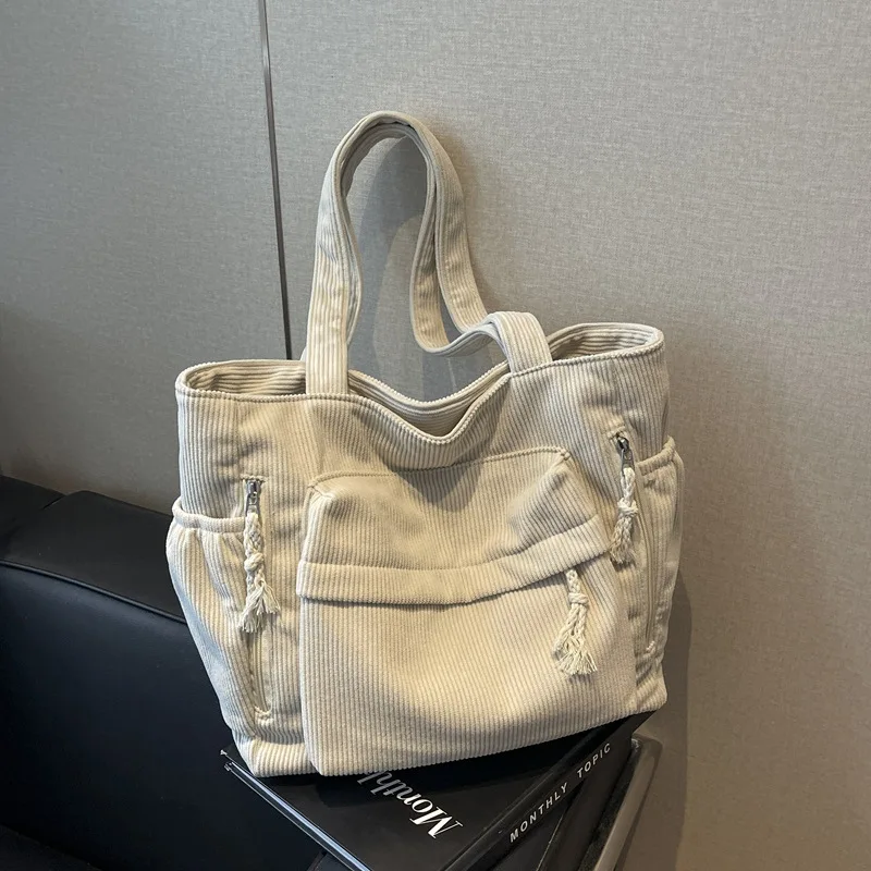 

New Corduroy Canvas Top Handle Bag Women Large Capacity Shoulder Bag for Commuting Students Texture and Simple Bags for Travel