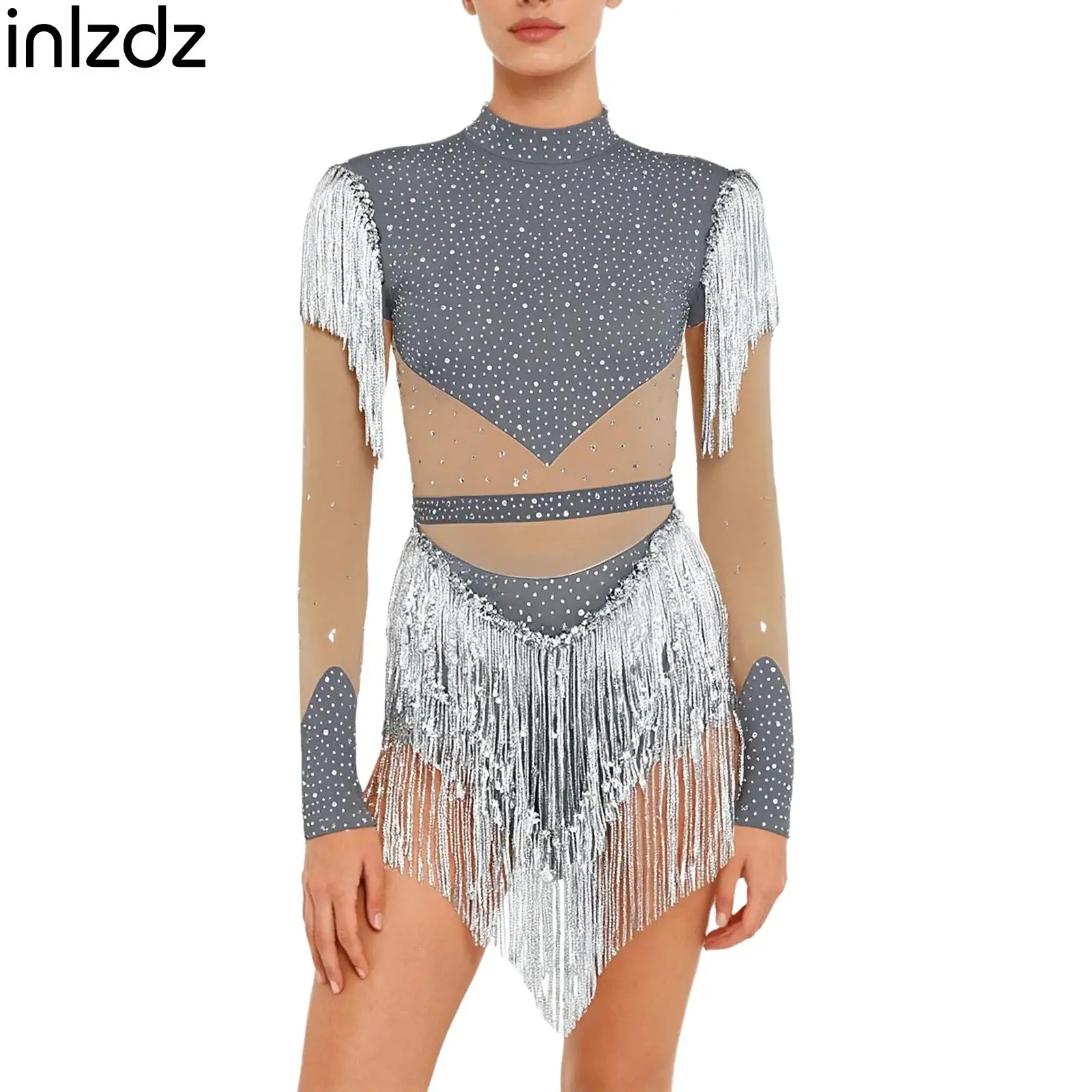 

Womens Gymnastic Latin Chacha Rumba Dance Leotard Figure Skating Bodysuit Sequin Tassel Rhinestone Long Sleeve Jumpsuit Costume