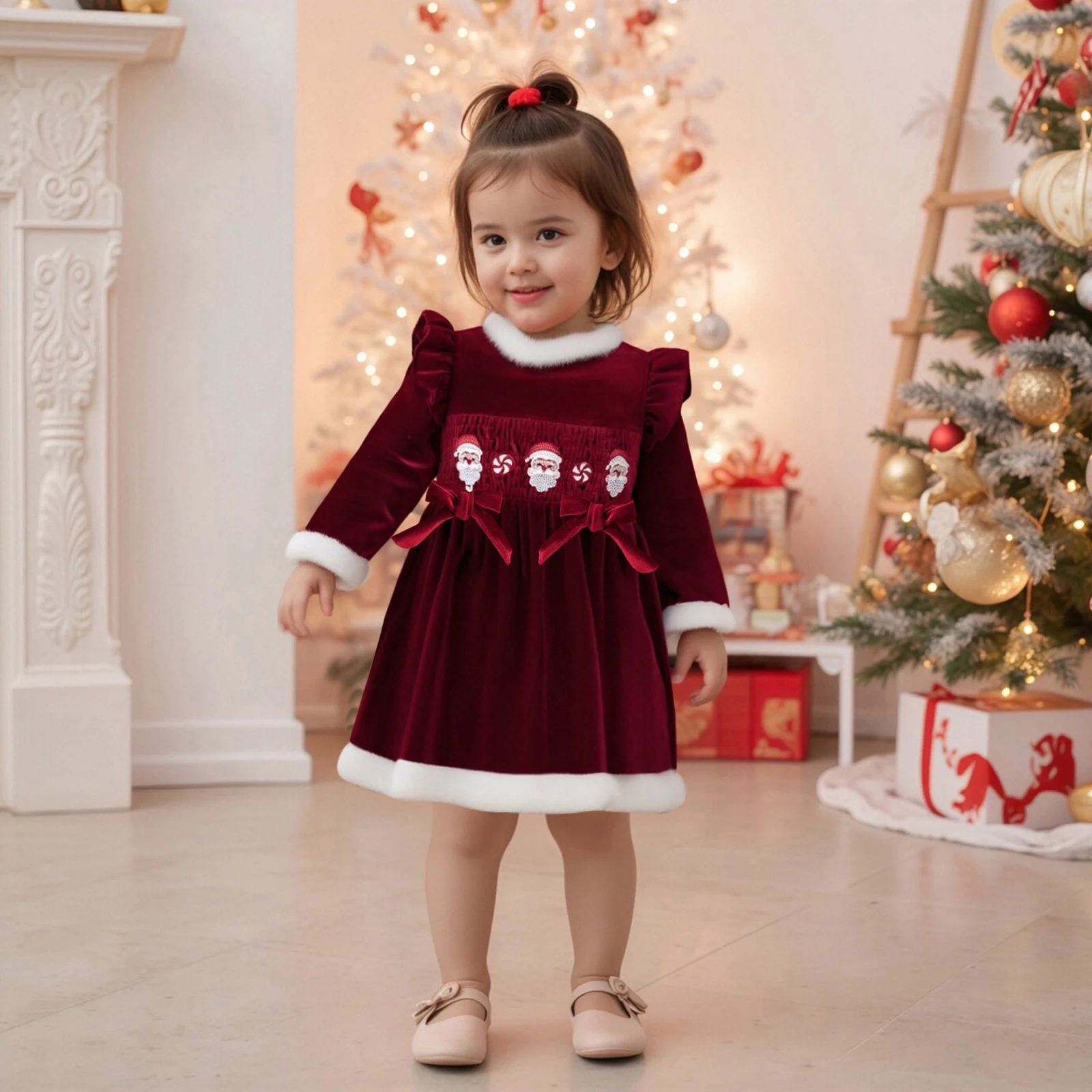 فستان Blotona للفتيات الصغيرات لعيد الميلاد مزين بالفرو سانتا كلوز مطرز برقبة دائرية وأكمام طويلة على شكل حرف A فستان مخملي
