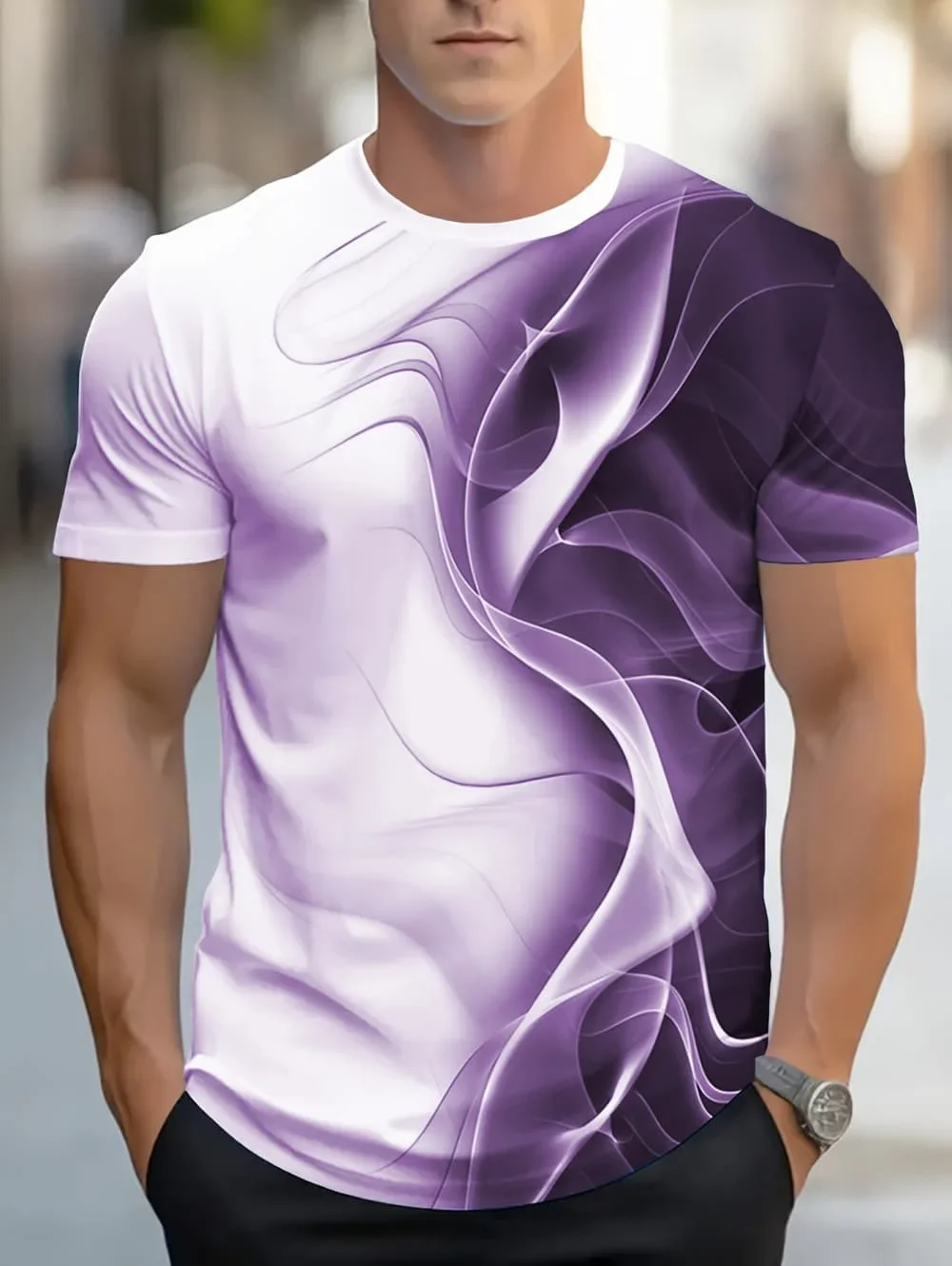 New Men's Flowing Smoke Abstract Gradient 3D Print T-Shirt Modern Art Graphic Short Sleeve Tee Casual Streetwear Tops for Men