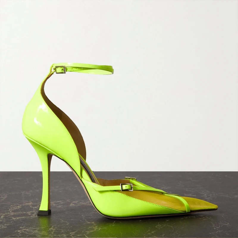 Fluorescent High Heels 2024 Summer European and American New Mesh Pointed Sexy Thin Heels with Hollow Single Shoes for Women