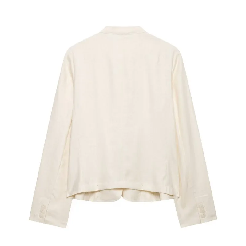 Women's linen long sleeve Pants Set Autumn O Neck Long Sleeve Buttons Pockets Blazer Elasticated Waist Lace-up Wide-leg Pants