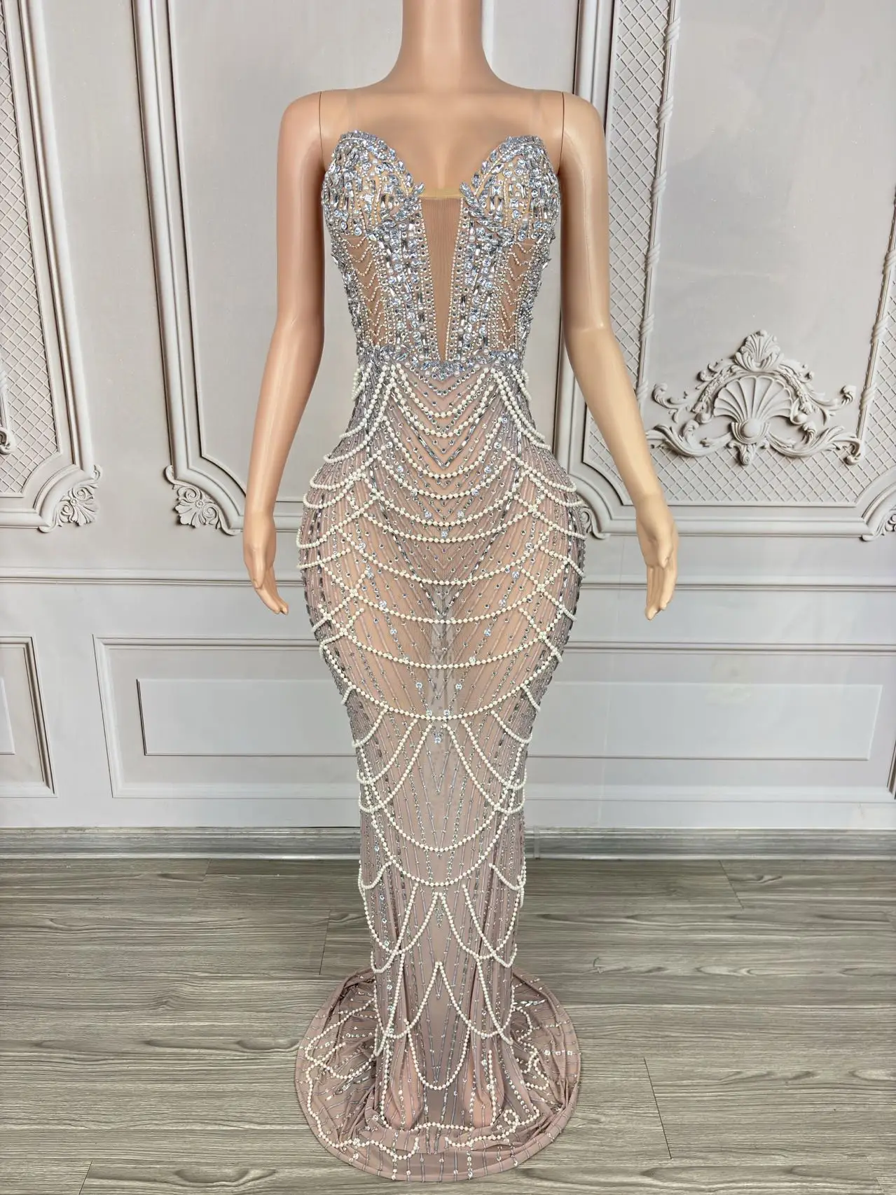 Zhenzhulian robe à strass scintillants Sexy chaîne de perles soirée célébrer robe de bal fête d'anniversaire robes chanteur spectacle scène porter